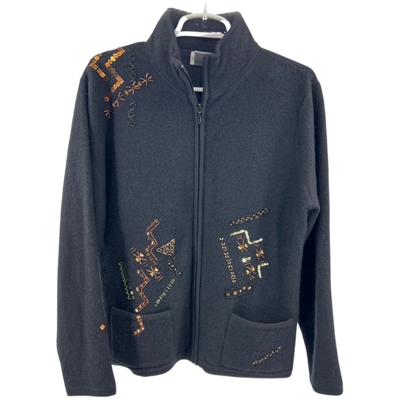 Chico’s 1 wool black zip front sweater jacket beaded sequins M bronze fall work - Picture 1 of 13